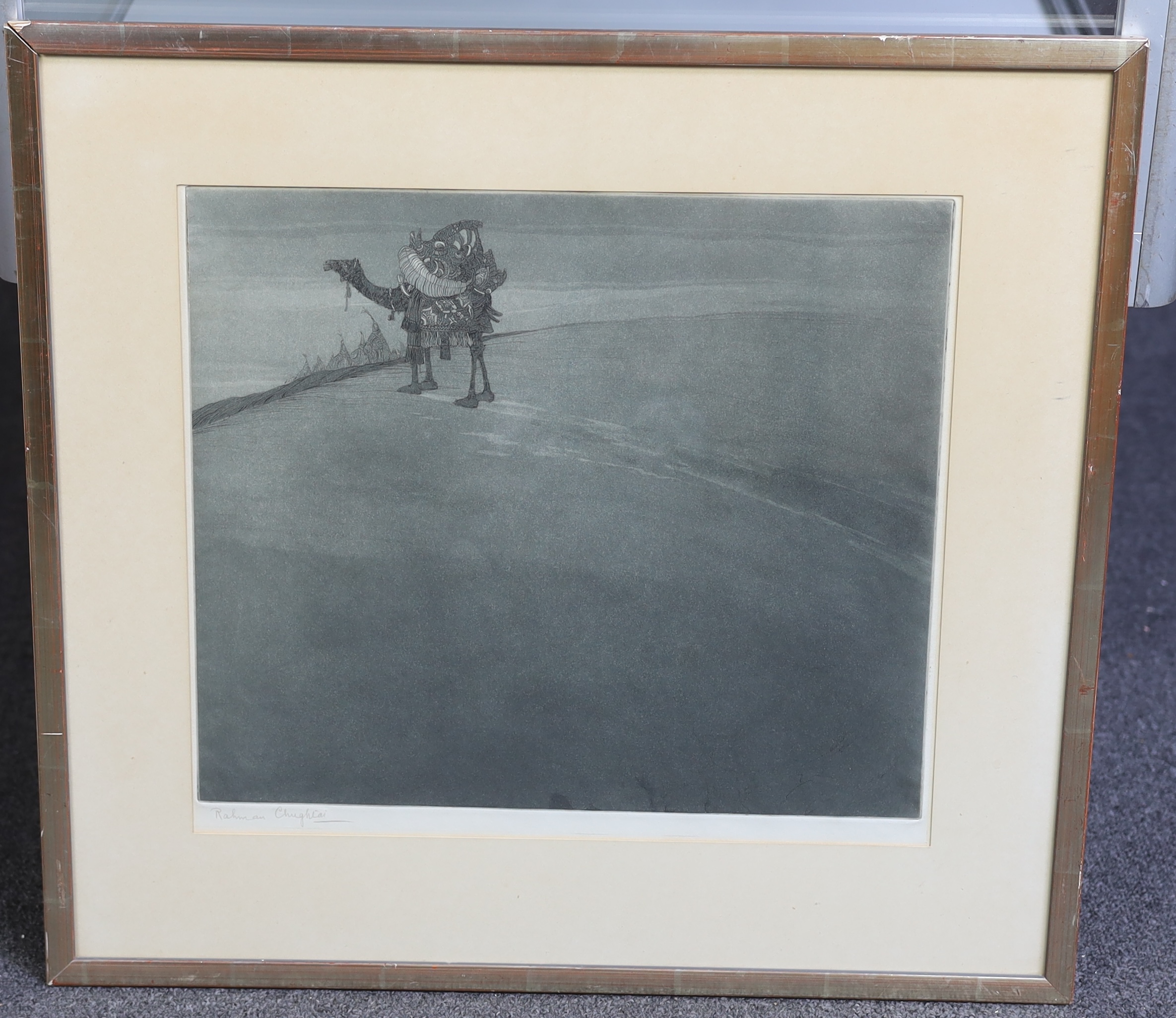 Abdur Rahman Chughtai (Pakistani, 1894-1975), Camel on a sand dune, etching with aquatint, 33 x 37.5cm